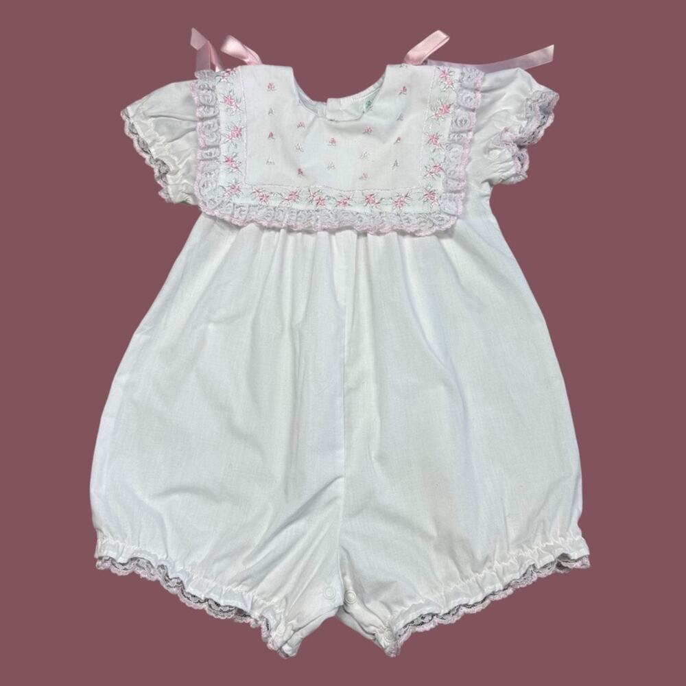 Rare Editions Vintage White Pink Lace Ribbon Romper 12-18 mo